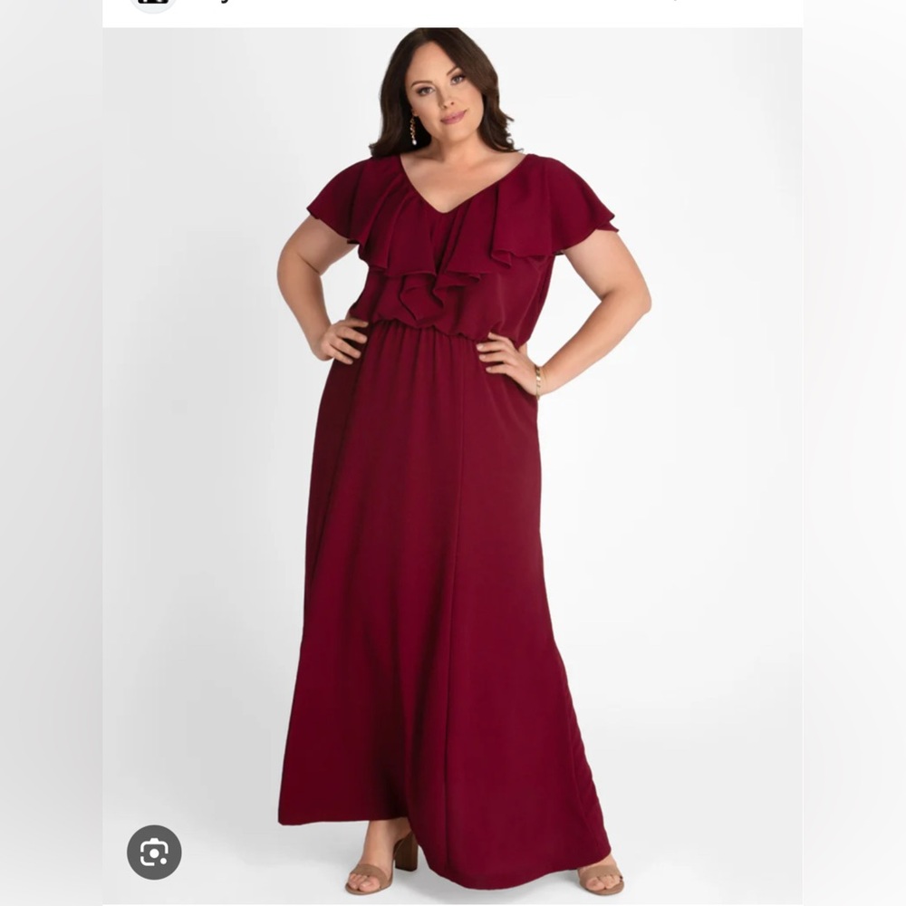 Kiyonna Dress 2X Willow Crepe Maxi Burgundy Red Side Slits Warm Weather Party